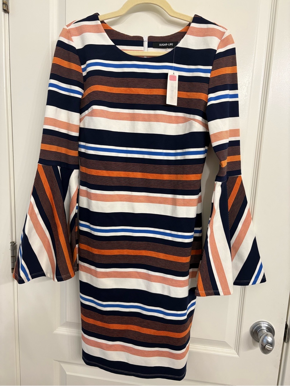 Sugarlips Navy, Rust Orange & White Striped Bell-Sleeve Dress